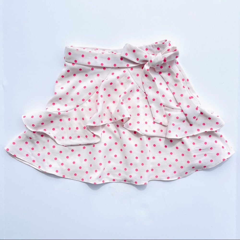 GB Girls Size SMALL pink dotted polyester lined flutter ruffle skirt zipper back